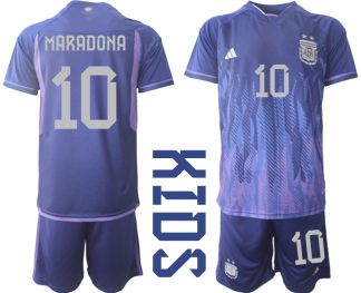 Otroški Nogometni dresi Argentina Gostujoči SP 2022 Kratek Rokav + Kratke hlače MARADONA 10