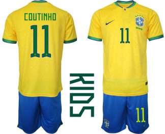 Otroški Nogometna dresi Brazilija Domači SP 2022 Kratek Rokav + Kratke hlače COUTINHO 11