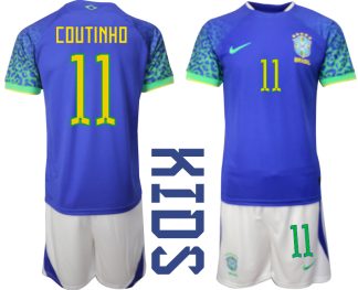 Otroški Nogometni dresi Brazilija Gostujoči SP 2022 Kratek Rokav + Kratke hlače COUTINHO 11
