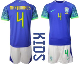 Otroški Nogometni dresi Brazilija Gostujoči SP 2022 Kratek Rokav + Kratke hlače MARQUINHOS 4