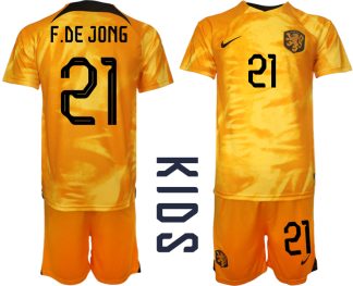 Otroški Nogometni dresi Nizozemska Domači SP 2022 Kratek Rokav + Kratke hlače F.DE JONG 21