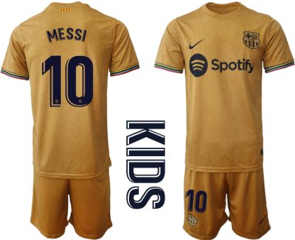 Otroški Nogometni dresi Barcelona Gostujoči 2023 Kratek Rokav + Kratke hlače MESSI 10