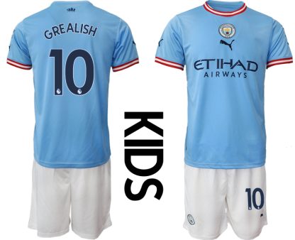 Otroški Nogometni dresi Manchester City Domači 2023 Kratek Rokav + Kratke hlače GREALISH 10