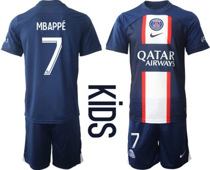 Otroški Nogometni dresi Paris Saint-Germain PSG Domači 2023 Kratek Rokav + Kratke hlače MBAPPÉ 7