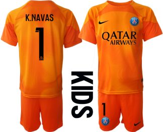 Otroški Nogometni dresi Paris Saint-Germain PSG Vratar Domači 2023 oranžna Kratek Rokav + Kratke hlače K.NAVAS 1