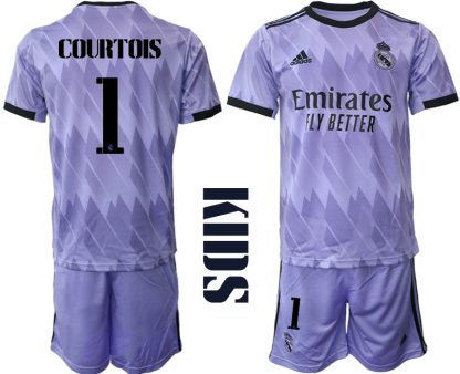Replika Otroški nogometni dresi kompleti Real Madrid Gostujoči 2023 Kratek Rokav + Kratke hlače COURTOIS 1