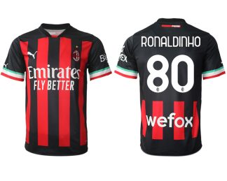 Replika Moški nogometni dresi kompleti AC Milan Domači 2023 Kratek Rokav RONALDINHO 80