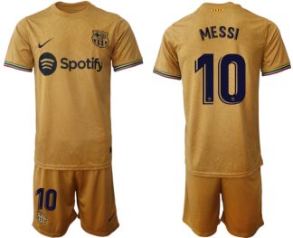 Replika Moški nogometni dresi kompleti Barcelona Gostujoči 2023 Kratek Rokav + Kratke hlače MESSI 10