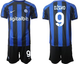 Replika Moški nogometni dresi kompleti Inter Milan Domači 2023 Kratek Rokav + Kratke hlače Džeko 9