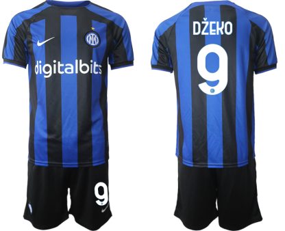 Replika Moški nogometni dresi kompleti Inter Milan Domači 2023 Kratek Rokav + Kratke hlače Džeko 9