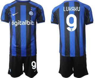 Replika Moški nogometni dresi kompleti Inter Milan Domači 2023 Kratek Rokav + Kratke hlače LUKAKU 9