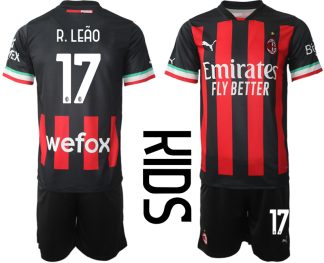 Replika Otroški nogometni dresi kompleti AC Milan Domači 2022-23 Kratek Rokav + Kratke hlače R.Leão 17
