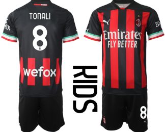 Replika Otroški nogometni dresi kompleti AC Milan Domači 2022-23 Kratek Rokav + Kratke hlače TONALI 8