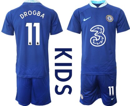 Replika Otroški nogometni dresi kompleti Chelsea Domači 2023 Kratek Rokav + Kratke hlače DROGBA 11