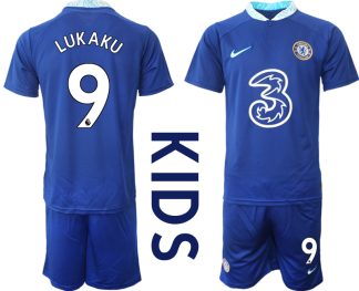 Replika Otroški nogometni dresi kompleti Chelsea Domači 2023 Kratek Rokav + Kratke hlače LUKAKU 9