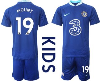 Replika Otroški nogometni dresi kompleti Chelsea Domači 2023 Kratek Rokav + Kratke hlače MOUNT 19