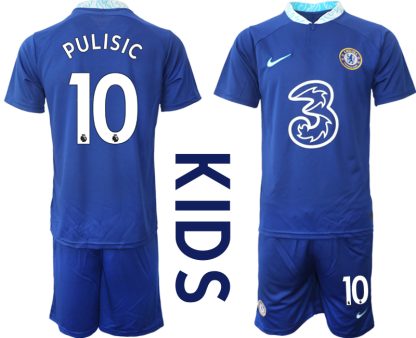 Replika Otroški nogometni dresi kompleti Chelsea Domači 2023 Kratek Rokav + Kratke hlače PULISIC 10