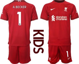 Replika Otroški nogometni dresi kompleti Liverpool Domači 2023 Kratek Rokav + Kratke hlače A.BECKER 1