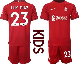 Replika Otroški nogometni dresi kompleti Liverpool Domači 2023 Kratek Rokav + Kratke hlače LUIS DÍAZ 23