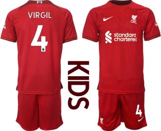 Replika Otroški nogometni dresi kompleti Liverpool Domači 2023 Kratek Rokav + Kratke hlače VIRGIL 4