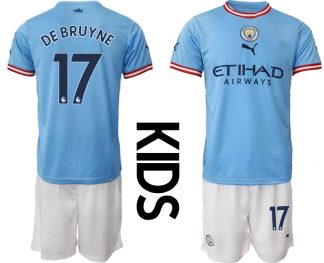 Replika Otroški nogometni dresi kompleti Manchester City Domači 2023 Kratek Rokav + Kratke hlače DE BRUYNE 17