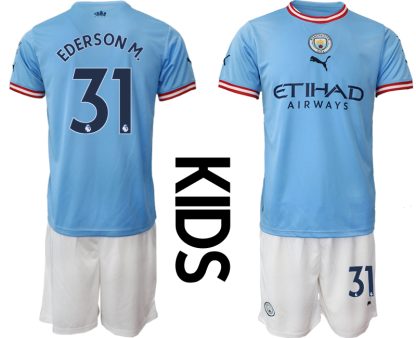 Replika Otroški nogometni dresi kompleti Manchester City Domači 2023 Kratek Rokav + Kratke hlače EDERSON M.31
