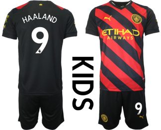 Replika Otroški nogometni dresi kompleti Manchester City Gostujoči 22-23 Kratek Rokav + Kratke hlače HAALAND 9