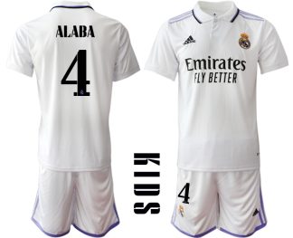 Replika Moški nogometni dresi kompleti Real Madrid Domači 2023 Kratek Rokav + Kratke hlače ALABA 4