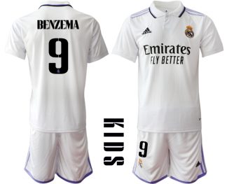 Replika Otroški nogometni dresi kompleti Real Madrid Domači 2023 Kratek Rokav + Kratke hlače BENZEMA 9