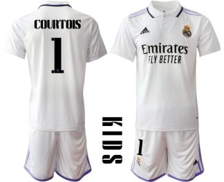 Replika Otroški nogometni dresi kompleti Real Madrid Domači 2023 Kratek Rokav + Kratke hlače COURTOIS 1