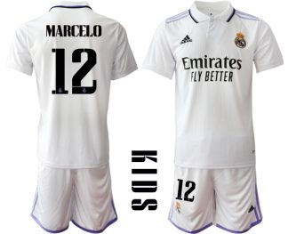 Replika Otroški nogometni dresi kompleti Real Madrid Domači 2023 Kratek Rokav + Kratke hlače MARCELO 12
