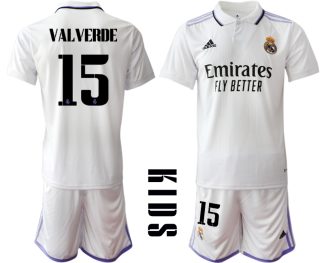 Replika Otroški nogometni dresi kompleti Real Madrid Domači 2023 Kratek Rokav + Kratke hlače VALVERDE 15