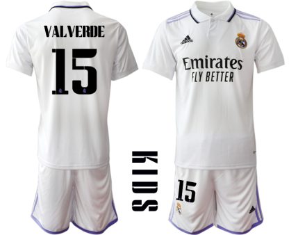 Replika Otroški nogometni dresi kompleti Real Madrid Domači 2023 Kratek Rokav + Kratke hlače VALVERDE 15
