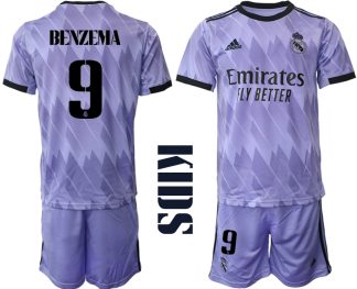 Replika Otroški nogometni dresi kompleti Real Madrid Gostujoči 2023 Kratek Rokav + Kratke hlače BENZEMA 9