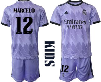 Replika Otroški nogometni dresi kompleti Real Madrid Gostujoči 2023 Kratek Rokav + Kratke hlače MARCELO 12