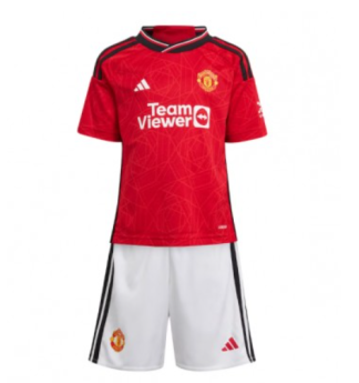 Poceni Nogometni dresi za otroke Manchester United Domači 2023-24 Kratek Rokav + Kratke hlače