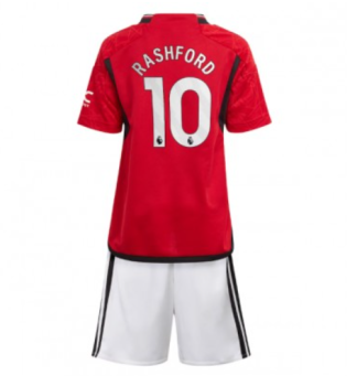 Poceni Nogometni dresi za otroke Manchester United Domači 2023-24 Kratek Rokav + Kratke hlače Marcus Rashford 10
