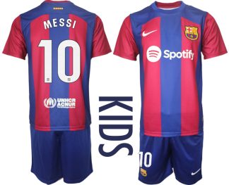 Poceni Otroški Nogometni dresi komplet Barcelona Domači 2023-24 z imenom MESSI 10