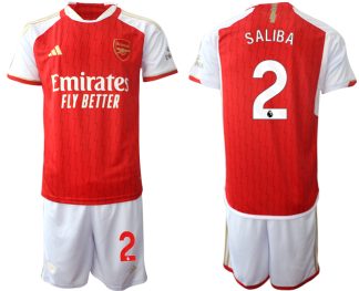 Poceni Moški Nogometni dresi Arsenal Domači Kratek Rokav + Kratke hlače 2023-24 rdeča bela William Saliba 2