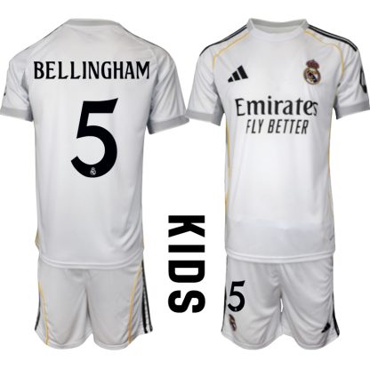 Poceni Otroški Nogometni dresi Kompleti Real Madrid Domači 2025-26 Jude Bellingham 5