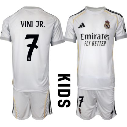 Poceni Otroški Nogometni dresi Kompleti Real Madrid Domači 2025-26 Vinicius Junior 7