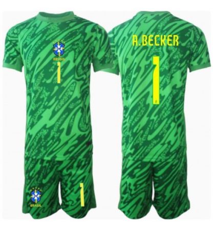 Otroški Nogometni dresi kompleti Brazilija Vratar Domači Copa America 2024 zelena Alisson Becker 1