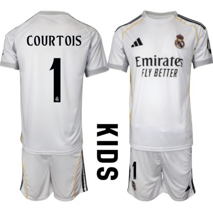 Nogometni dresi Kompleti za otroke Real Madrid Domači 2025-26 tisk Thibaut Courtois 1