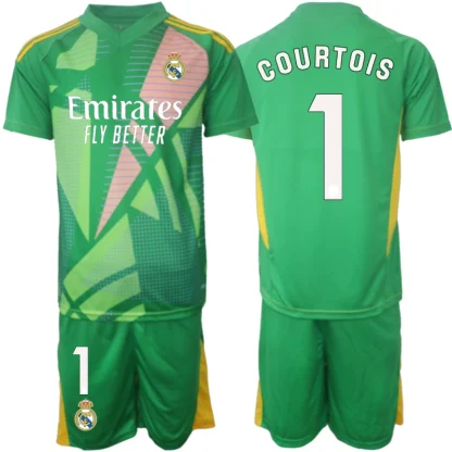 Poceni Otroški Nogometni dresi Kompleti Real Madrid Vratar 2024-25 Thibaut Courtois 1