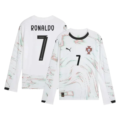 Poceni Moški Nogometni dresi Portugalska Gostujoči 2025-26 bela Cristiano Ronaldo 7