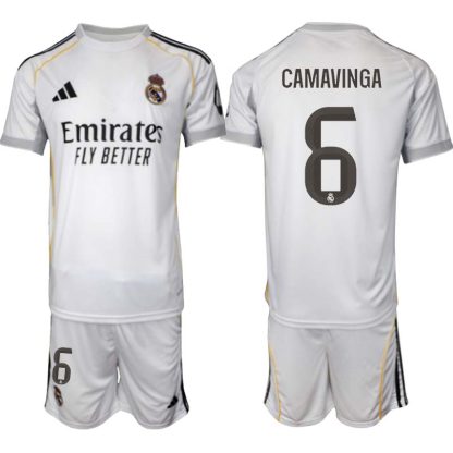 Poceni Nogometni dresi kompleti Real Madrid Domači 2025-26 Eduardo Camavinga 6
