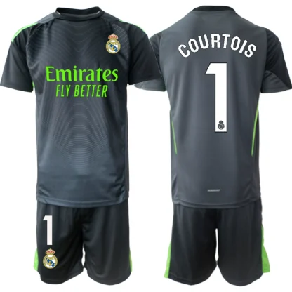 Poceni dresi Real Madrid za otroke Vratar 2025-26 črna kompleti Thibaut Courtois 1