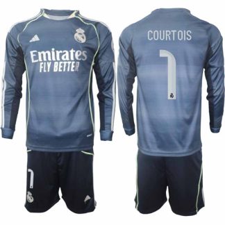 Poceni Nogometni dresi Thibaut Courtois #1 Real Madrid Gostujoči 2025-26 Dolgi Rokav