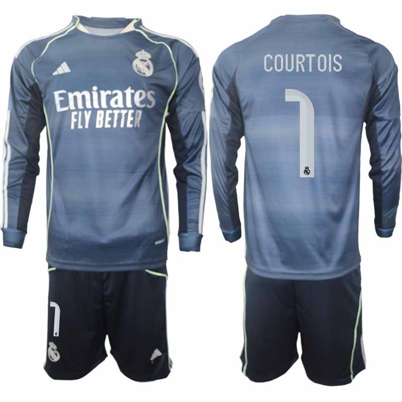 Poceni Nogometni dresi Thibaut Courtois #1 Real Madrid Gostujoči 2025-26 Dolgi Rokav