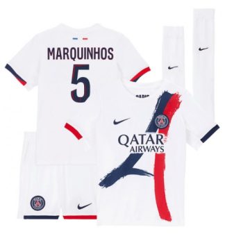 Otroški Nogometni dresi Marquinhos #5 Paris Saint-Germain PSG Gostujoči 2025-26 bela